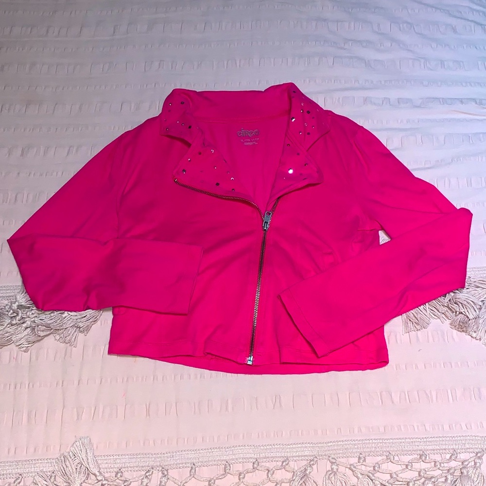 Girls Hot Pink Rhinestone Studded Diagonal Zip Up